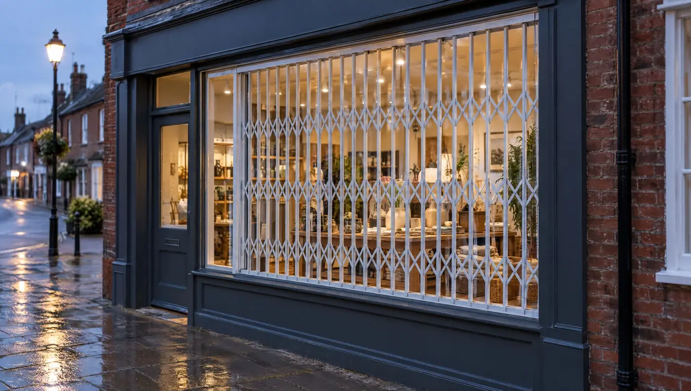 Small high-street shop at dusk with a white retractable security grille behind the window glass
