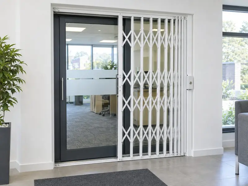 White retractable security grille partly folded beside a glazed office door