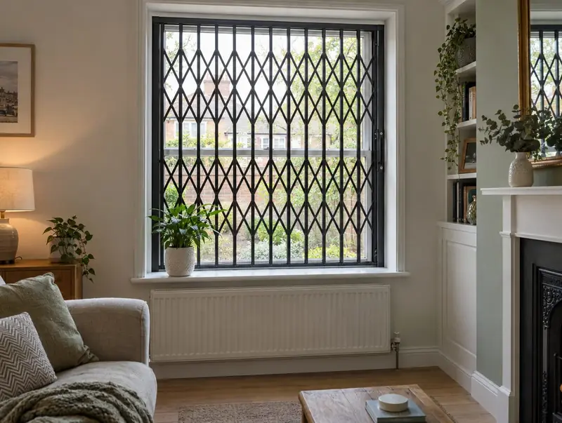 Living room window with a black retractable security grille closed inside the reveal