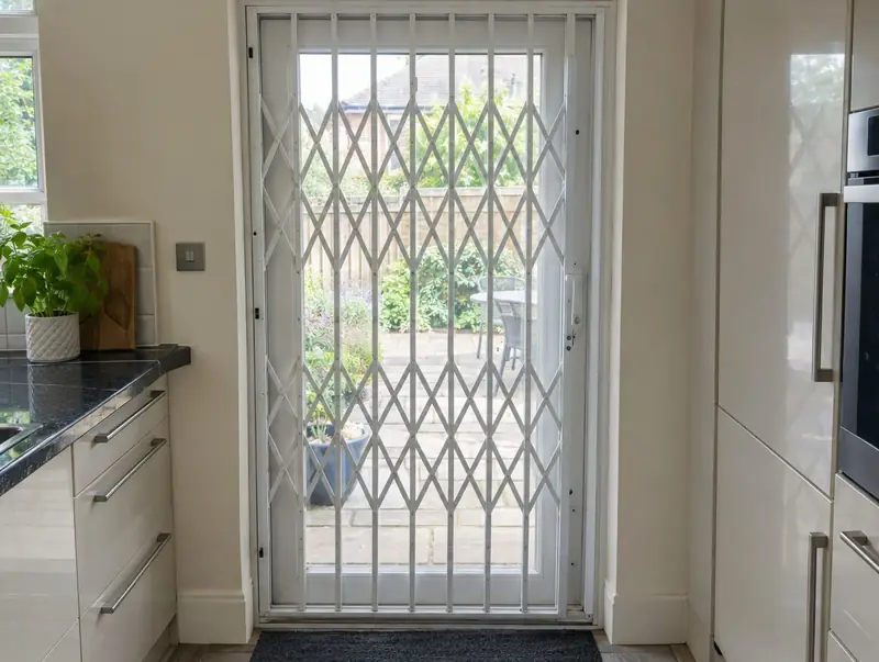 Kitchen back door with a white retractable security gate closed across it