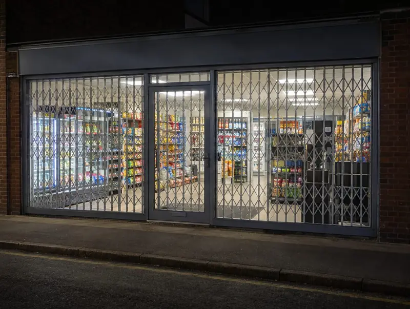 Convenience store at night with silver lattice grilles behind the shop windows and door