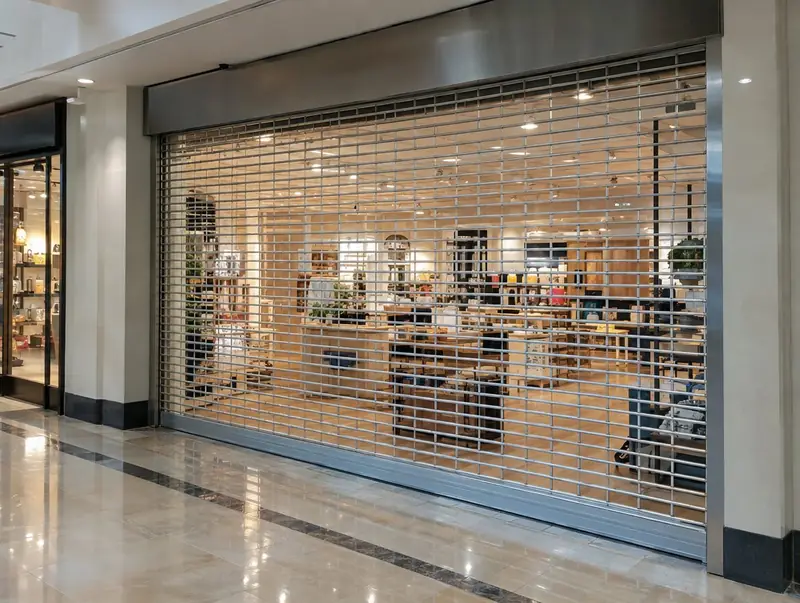 Shopping centre unit closed with an open-mesh roller grille