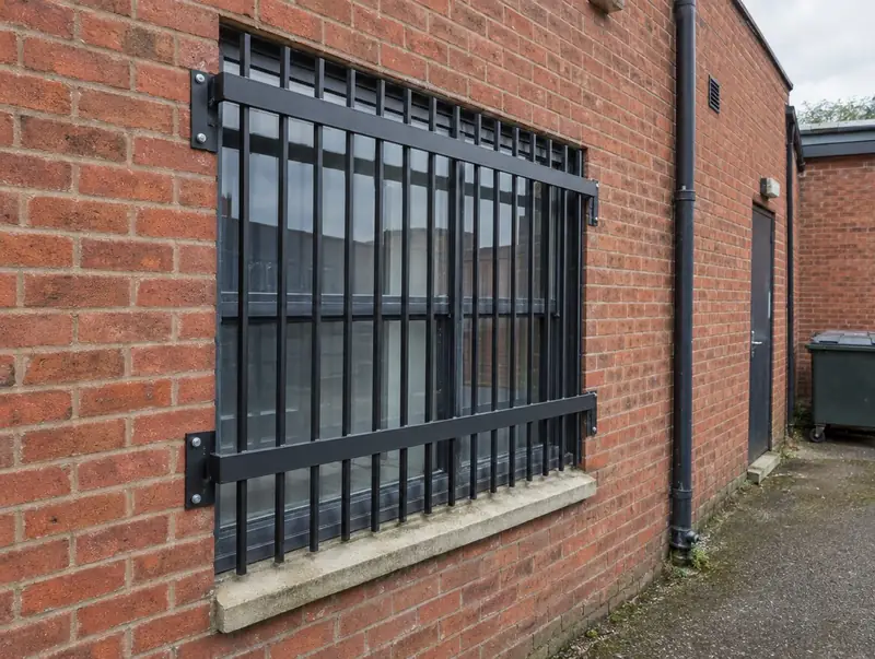 Fixed black steel bar grille bolted over a rear window in a brick wall