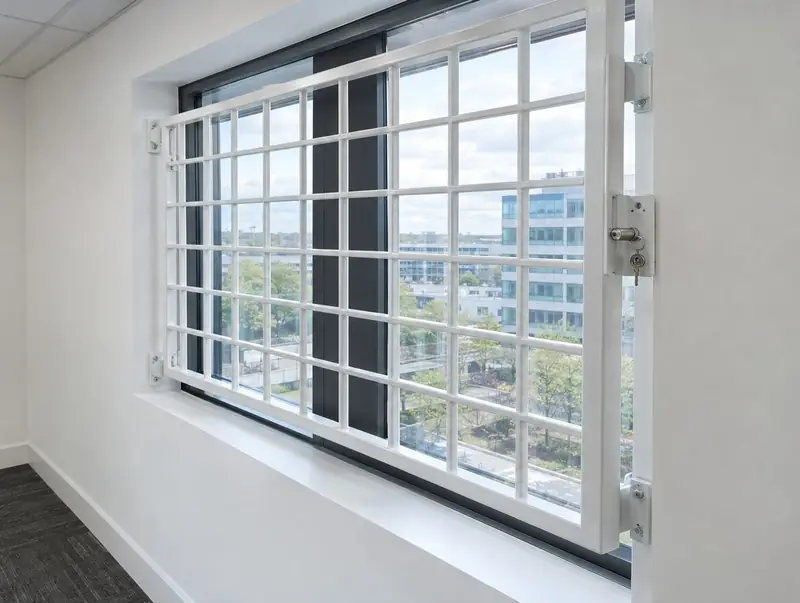 Removable white steel grille panel locked into brackets inside an office window