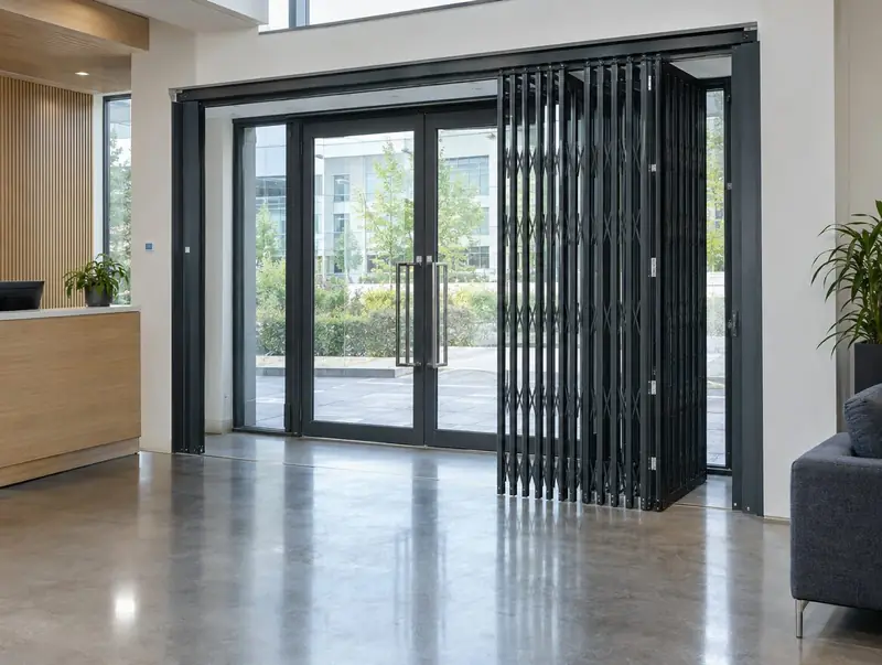Anthracite bi-folding security gate partly folded across an office entrance