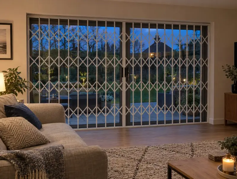 White retractable grille closed across sliding patio doors in a living room at dusk