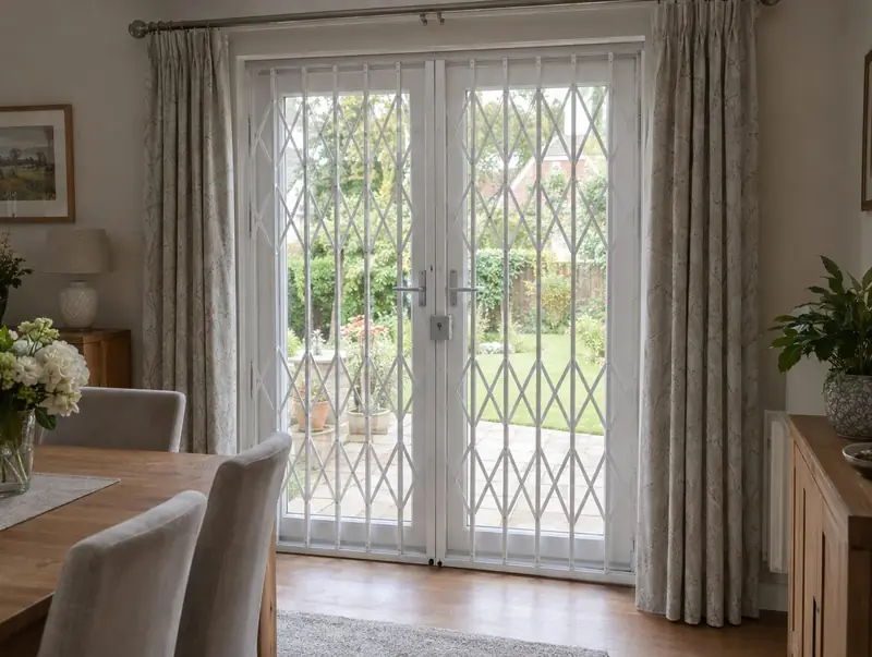 Pair of white retractable grilles meeting at a central lock across French doors