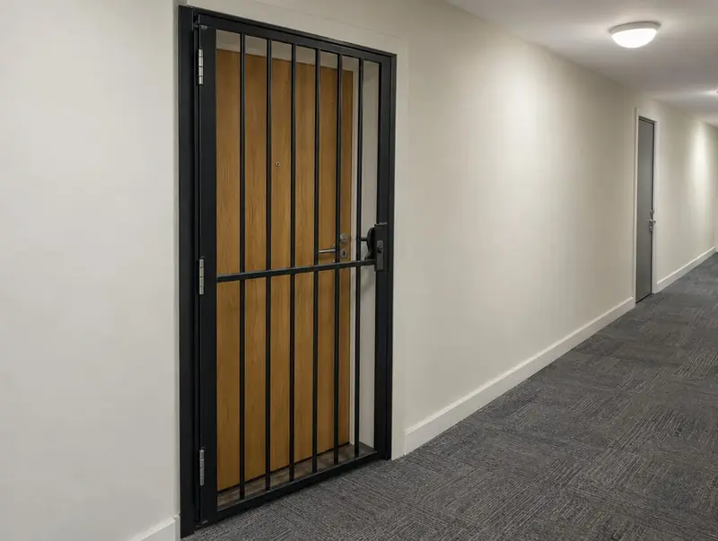 Black steel security gate fitted in front of a flat entrance door in a corridor