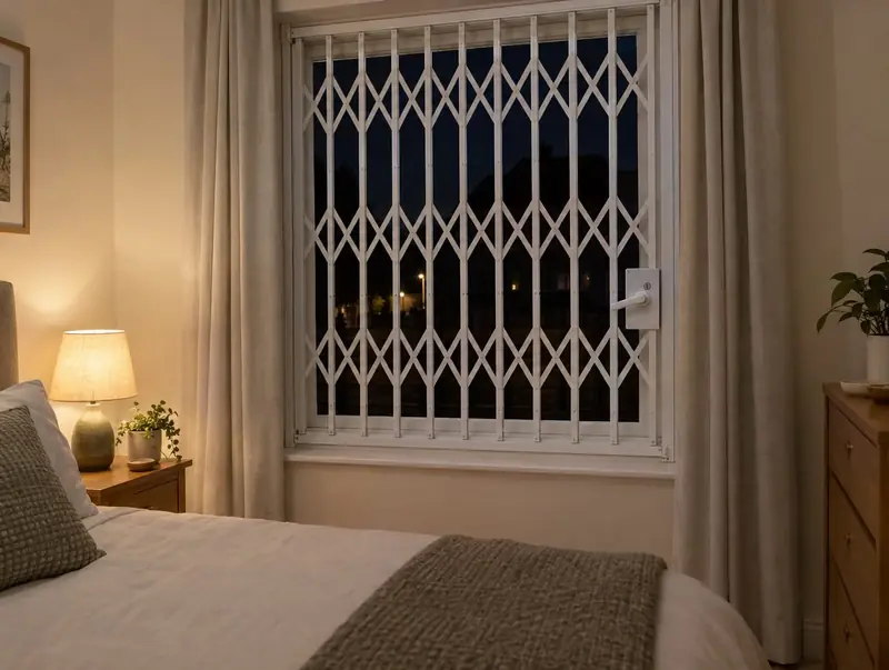 Bedroom window with a white retractable grille and a lever quick-release handle
