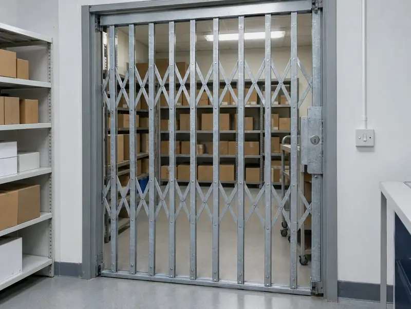 Heavy galvanised retractable grille across a pharmacy stockroom doorway
