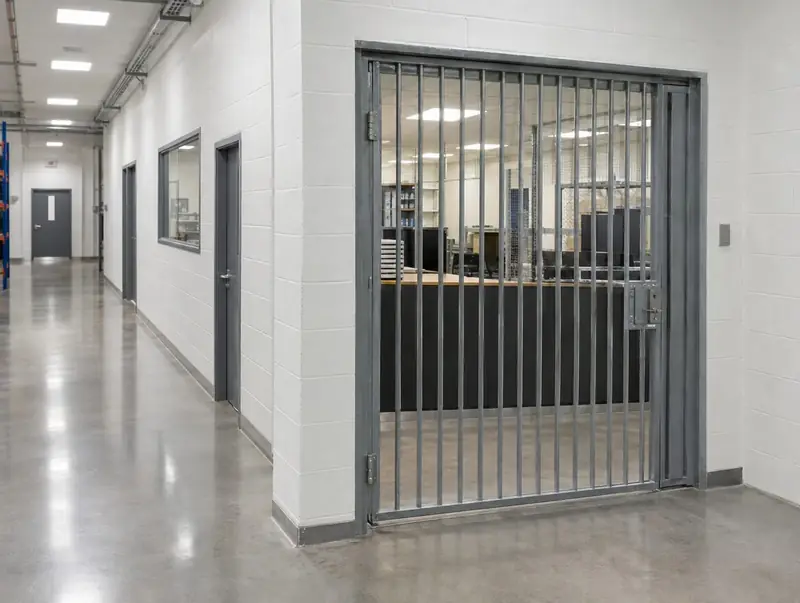 Steel grille door closed in front of an office inside a warehouse corridor