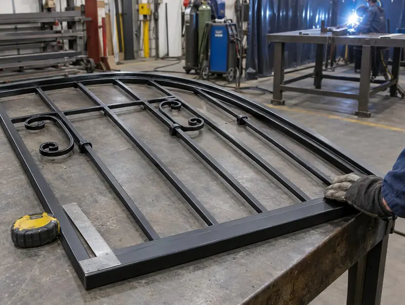 Arched black steel grille on a workshop bench during fabrication