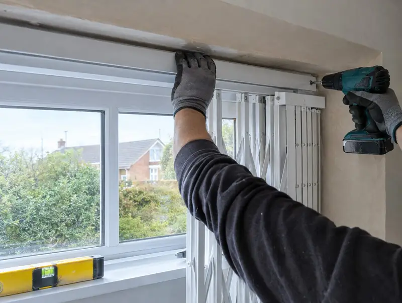 Installer fixing the top track of a white retractable grille into a window reveal
