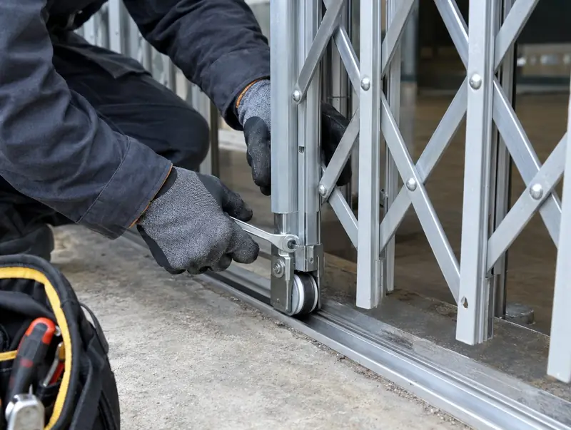 Engineer adjusting the bottom wheel of a silver retractable grille