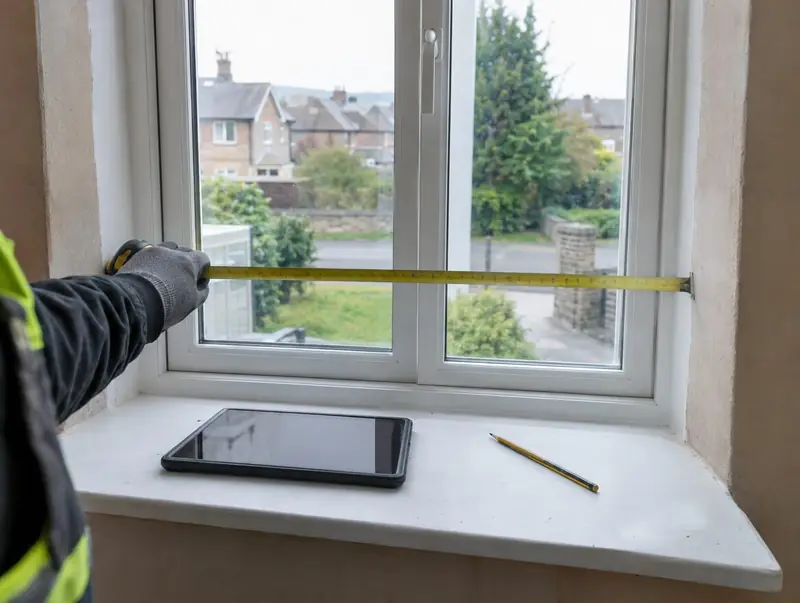 Surveyor measuring a window reveal with a tape measure